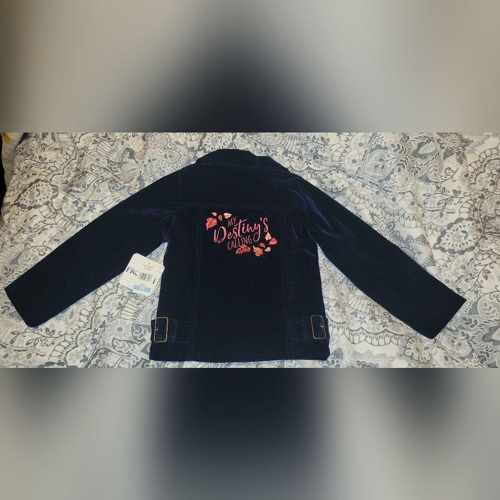 Frozen 2 Embroidered Patch Navy Blue Velvet Jacket Girls 4T New With Tags - Picture 5 of 7